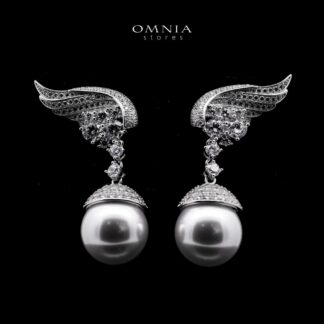 Omnia Rahmah Winged Silver Pearl Drop Earrings in 925 Silver with High-Quality Simulated Diamonds