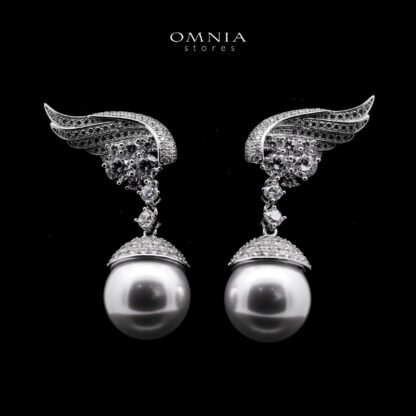 Omnia Rahmah Winged Silver Pearl Drop Earrings in 925 Silver with High-Quality Simulated Diamonds