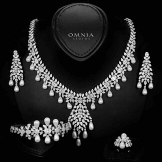 Omnia Zahrah Bridal White Pearl Full Set in High Quality Zircon Stone Rhodium Plated