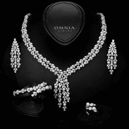 Omnia Samarah Bridal White Pearl Full Set in High Quality Zircon Stone Rhodium Plated