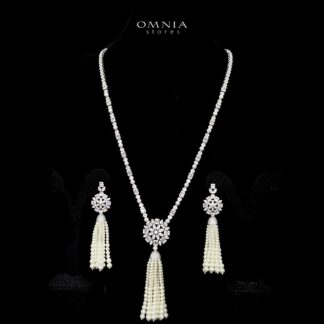 Omnia Khawlah White Bridal Long chain Pearl Set Accessories in High Quality Zircon Stone Rhodium Plated