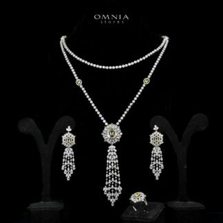 Omnia Ola Yellow Bridal Long chain Set Accessories in High Quality Zircon Stone Rhodium Plated