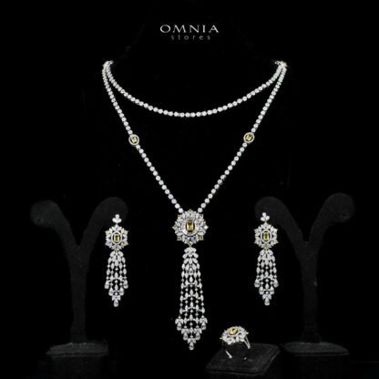 Omnia Ola Yellow Bridal Long chain Set Accessories in High Quality Zircon Stone Rhodium Plated