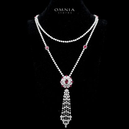 Omnia Ola Red Bridal Long chain Set Accessories in High Quality Zircon Stone Rhodium Plated - Image 2