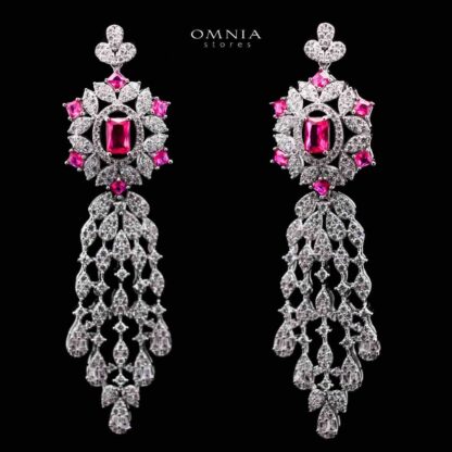 Omnia Ola Red Bridal Long chain Set Accessories in High Quality Zircon Stone Rhodium Plated - Image 3