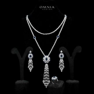 Omnia Ola Blue Bridal Long chain Set Accessories in High Quality Zircon Stone Rhodium Plated