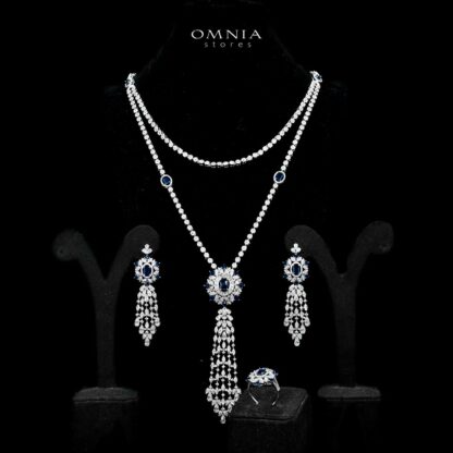 Omnia Ola Blue Bridal Long chain Set Accessories in High Quality Zircon Stone Rhodium Plated