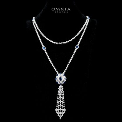 Omnia Ola Blue Bridal Long chain Set Accessories in High Quality Zircon Stone Rhodium Plated - Image 2