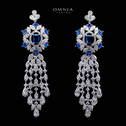 Omnia Ola Blue Bridal Long chain Set Accessories in High Quality Zircon Stone Rhodium Plated - Image 4