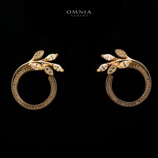 Omnia Jenan Golden Leaf Design Earrings in 925 Silver with High-Quality White Simulated Diamonds