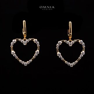 Omnia Bashair Golden Heart Drop Earrings in 925 Silver with High-Quality White Simulated Diamonds