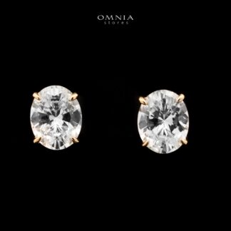Omnia Chafika Golden Oval Stud Earrings in 925 Silver with High-Quality White Simulated Diamonds