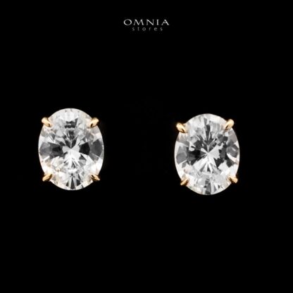 Omnia Chafika Golden Oval Stud Earrings in 925 Silver with High-Quality White Simulated Diamonds