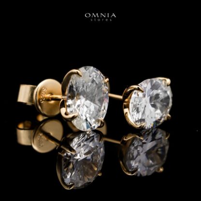 Omnia Chafika Golden Oval Stud Earrings in 925 Silver with High-Quality White Simulated Diamonds - Image 3