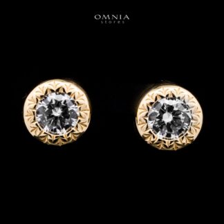 Omnia Ismah Golden Classic Stud Earrings in 925 Silver with High-Quality White Simulated Diamonds