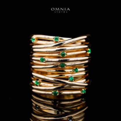 Omnia Dhuriyyah Golden Spiral Ring in 925 Silver with High-Quality Green Simulated Diamonds