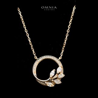 Omnia Jenan Golden Leaf Design Necklace in 925 Silver with High-Quality White Simulated Diamonds