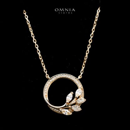 Omnia Jenan Golden Leaf Design Necklace in 925 Silver with High-Quality White Simulated Diamonds