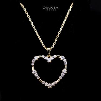Omnia Bashair Golden Heart Necklace in 925 Silver with High-Quality White Simulated Diamonds