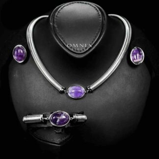 Omnia Naqiyah Silver Color Necklace,Bracelet and Earrings Set in High-Quality Stainless Steel with Purple Stone