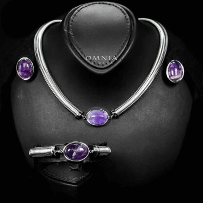 Omnia Naqiyah Silver Color Necklace,Bracelet and Earrings Set in High-Quality Stainless Steel with Purple Stone