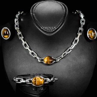 Omnia Caliya Silver Color Necklace,Bracelet and Earrings Set in High-Quality 8mm Stainless Steel with Brown Stone