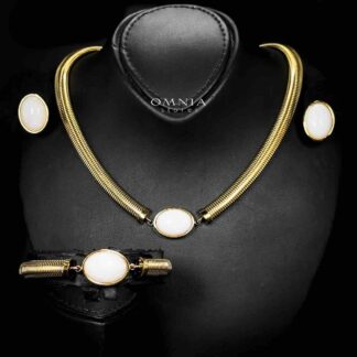 Omnia Naqiyah 18k Gold Plated Necklace,Bracelet and Earrings Set in High-Quality 8mm Stainless Steel with White Stone
