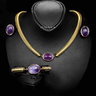 Omnia Naqiyah 18k Gold Plated Necklace,Bracelet and Earrings Set in High-Quality 8mm Stainless Steel with Purple Stone