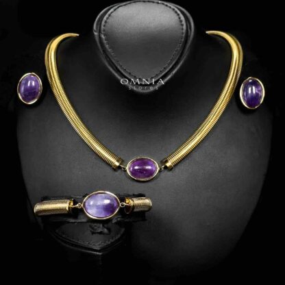 Omnia Naqiyah 18k Gold Plated Necklace,Bracelet and Earrings Set in High-Quality 8mm Stainless Steel with Purple Stone