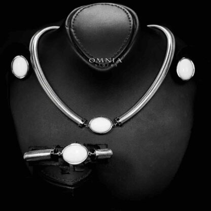Omnia Naqiyah Silver Color Necklace,Bracelet and Earrings Set in High-Quality 8mm Stainless Steel with White Stone