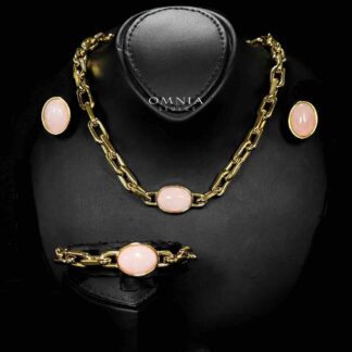 Omnia Caliya 18k Gold Plated Necklace,Bracelet and Earrings Set in High-Quality 8mm Stainless Steel with Pink Stone