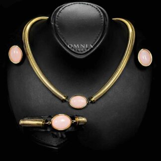 Omnia Naqiyah 18k Gold Plated Necklace,Bracelet and Earrings Set in High-Quality 8mm Stainless Steel with Pink Stone