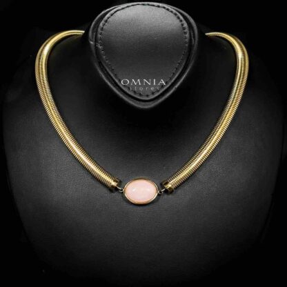 Omnia Naqiyah Copper Plated Gold Color Necklace,Bracelet and Earrings Set in High-Quality 8mm Stainless Steel with Pink Stone - Image 2