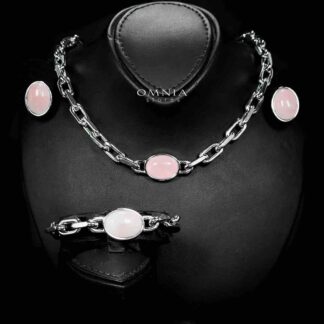 Omnia Caliya Silver Color Necklace,Bracelet and Earrings Set in High-Quality 8mm Stainless Steel with Pink Stone