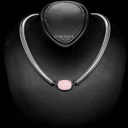 Omnia Naqiyah Silver Color Necklace,Bracelet and Earrings Set in High-Quality 8mm Stainless Steel with Pink Stone - Image 2