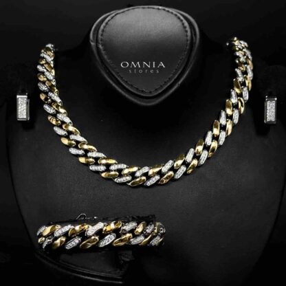 Omnia Khadra Copper Plated Gold Color Necklace,Bracelet and Silver Color Earrings Set in High-Quality 12mm Stainless Steel