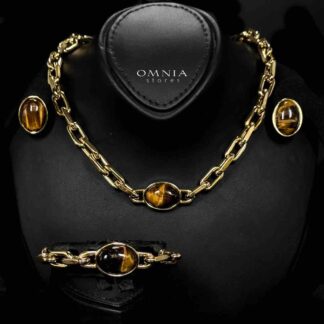 Omnia Caliya Copper Plated Gold Color Necklace,Bracelet and Earrings Set in High-Quality 8mm Stainless Steel with Brown Stone