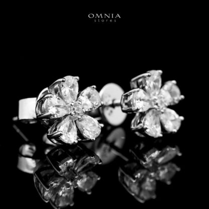 Omnia Classic white Flower Stud Earrings In 92.5 Silver with High Quality Simulated Diamonds - Image 3