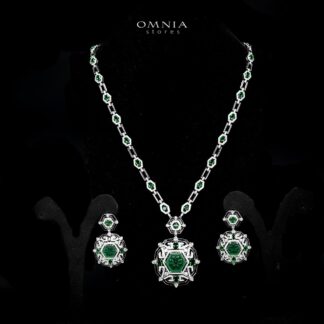 Omnia Siwar Silver Long Chain Necklace and Earrings Set 925 Silver in High Quality Green Simulated Diamonds Stones