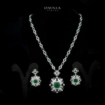 Omnia Siwar Silver Long Chain Necklace and Earrings Set 925 Silver in High Quality Green Simulated Diamonds Stones