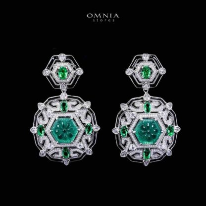 Omnia Siwar Silver Long Chain Necklace and Earrings Set 925 Silver in High Quality Green Simulated Diamonds Stones - Image 3