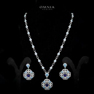 Omnia Siwar Silver Long Chain Necklace and Earrings Set 925 Silver in High Quality Blue Stones
