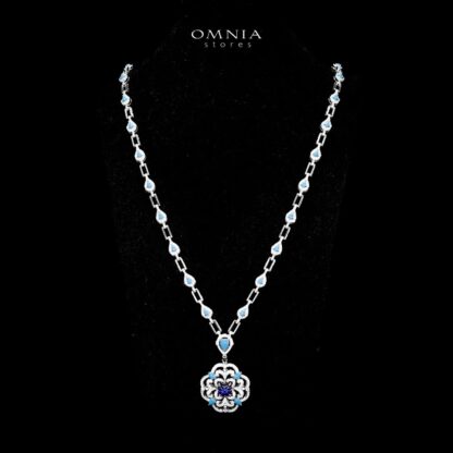 Omnia Siwar Silver Long Chain Necklace and Earrings Set 925 Silver in High Quality Blue Stones - Image 2