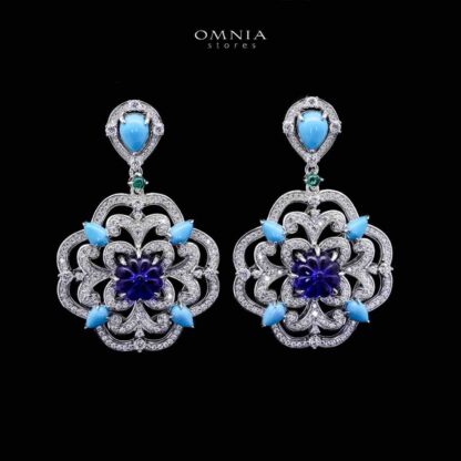 Omnia Siwar Silver Long Chain Necklace and Earrings Set 925 Silver in High Quality Blue Stones - Image 3