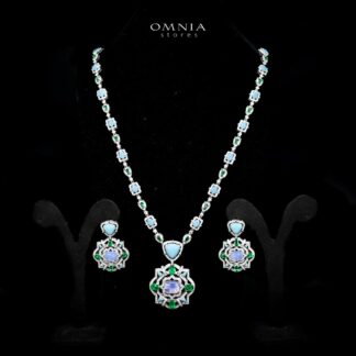 Omnia Siwar Silver Long Chain Necklace and Earrings Set 925 Silver in High Quality Green and Turquoise Simulated Diamond Stones