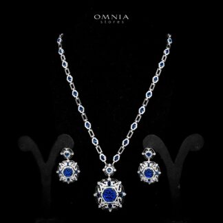 Omnia Siwar Silver Long Chain Necklace and Earrings Set 925 Silver in High Quality Blue Simulated Diamond Stones