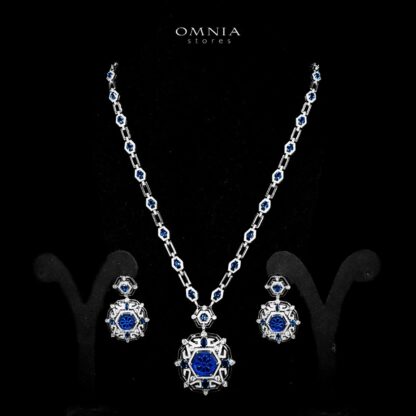 Omnia Siwar Silver Long Chain Necklace and Earrings Set 925 Silver in High Quality Blue Simulated Diamond Stones