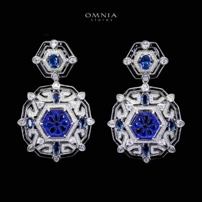 Omnia Siwar Silver Long Chain Necklace and Earrings Set 925 Silver in High Quality Blue Simulated Diamond Stones - Image 3