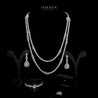 Omnia Ahad Bridal White Long Chain Set In Rhodium Plated With High Quality Zircon Stones