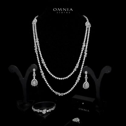 Omnia Ahad Bridal White Long Chain Set In Rhodium Plated With High Quality Zircon Stones